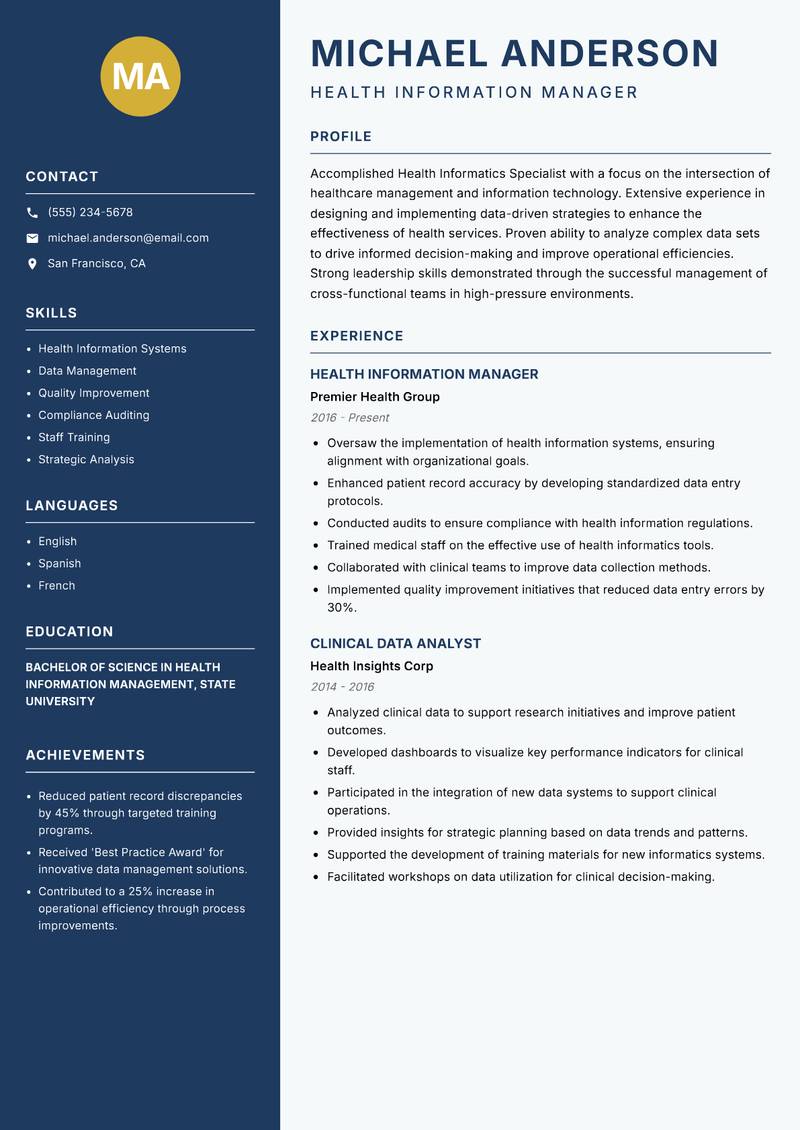 Health Informatics Specialist Resume Preview Example