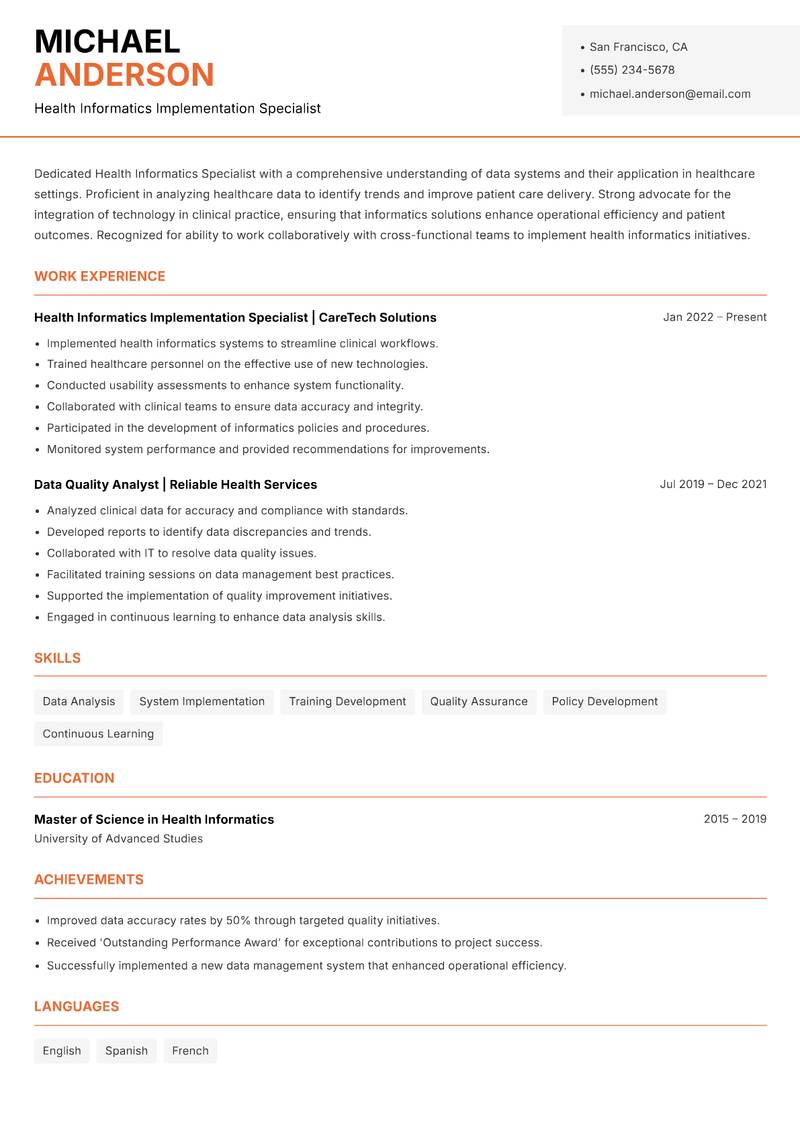 Health Informatics Specialist Resume Template