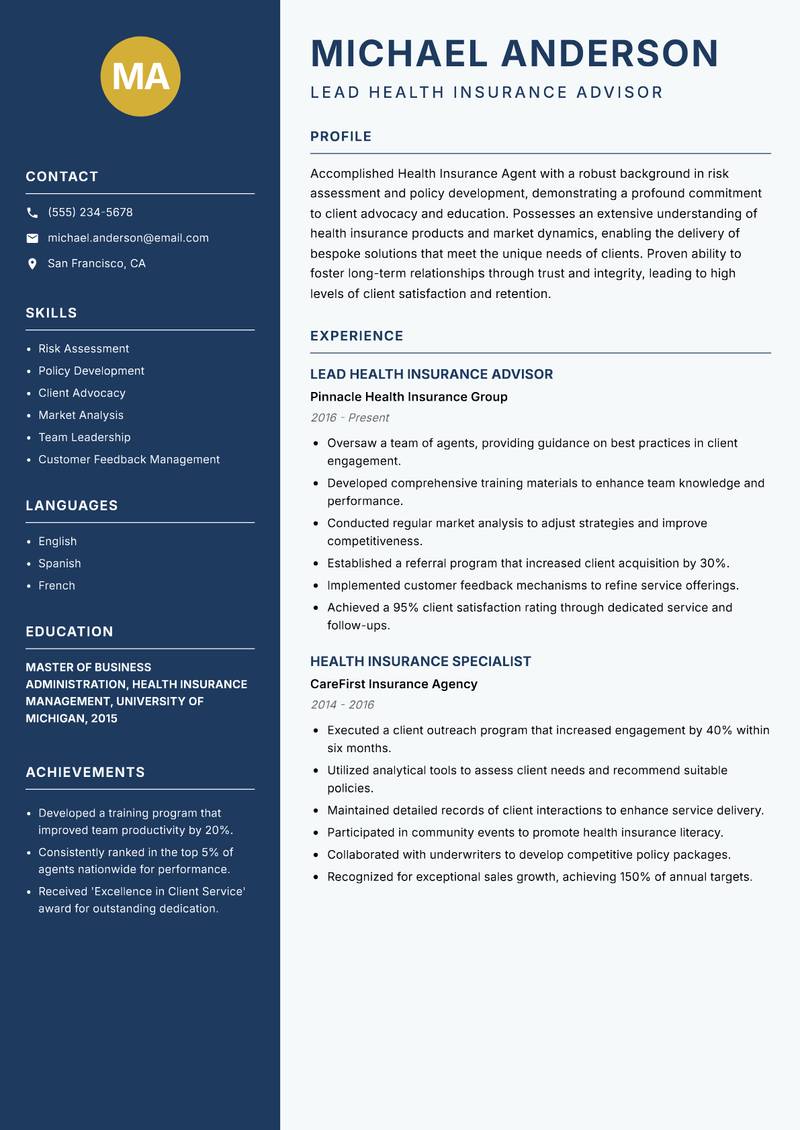 Health Insurance Agent Resume Preview Example