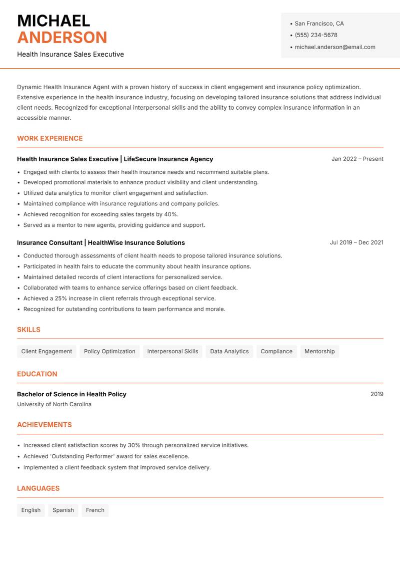 Health Insurance Agent Resume Template