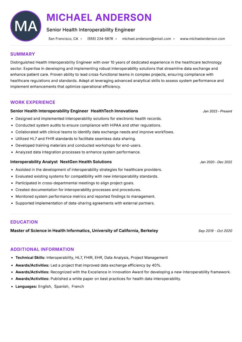 Health Interoperability Engineer Resume Preview Example