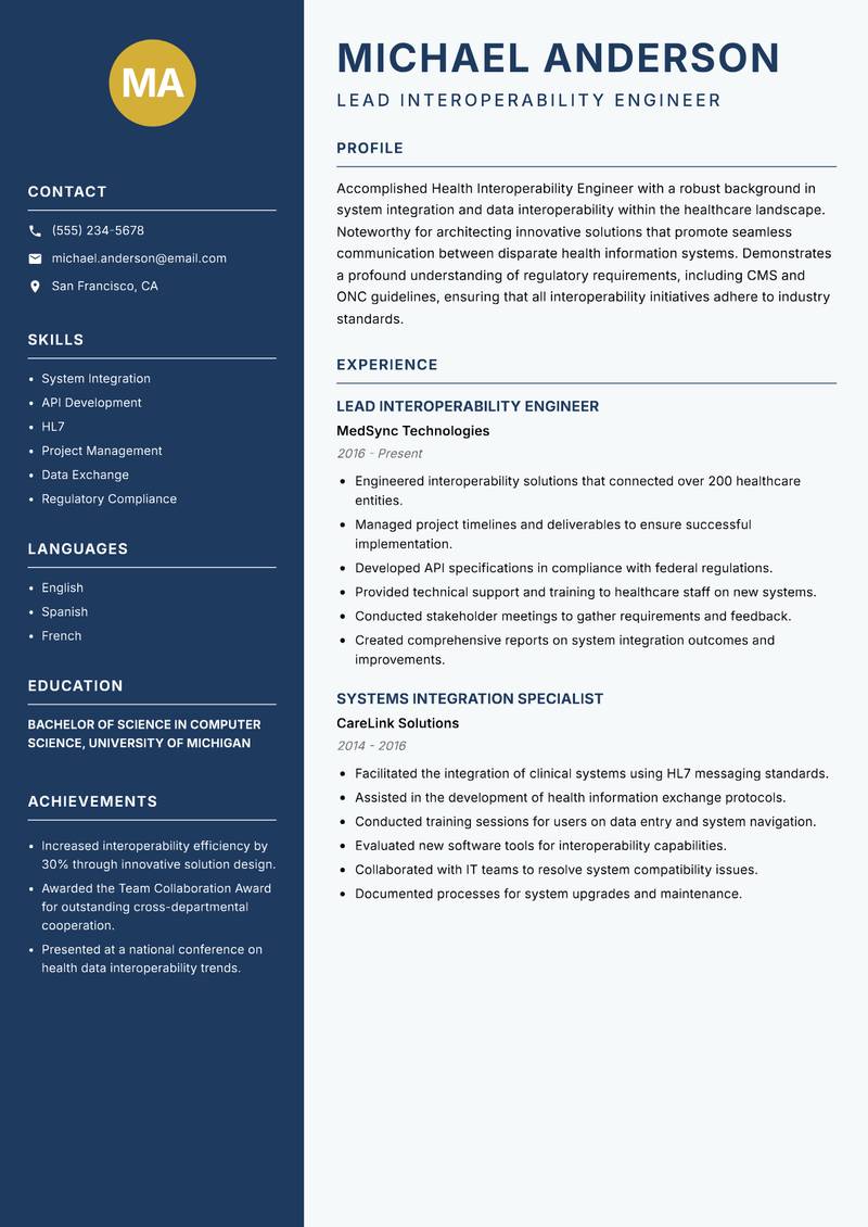 Health Interoperability Engineer Resume Preview Example