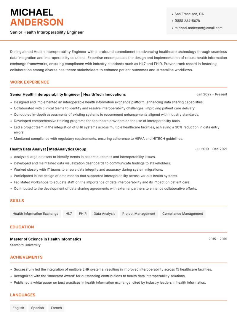 Health Interoperability Engineer Resume Template