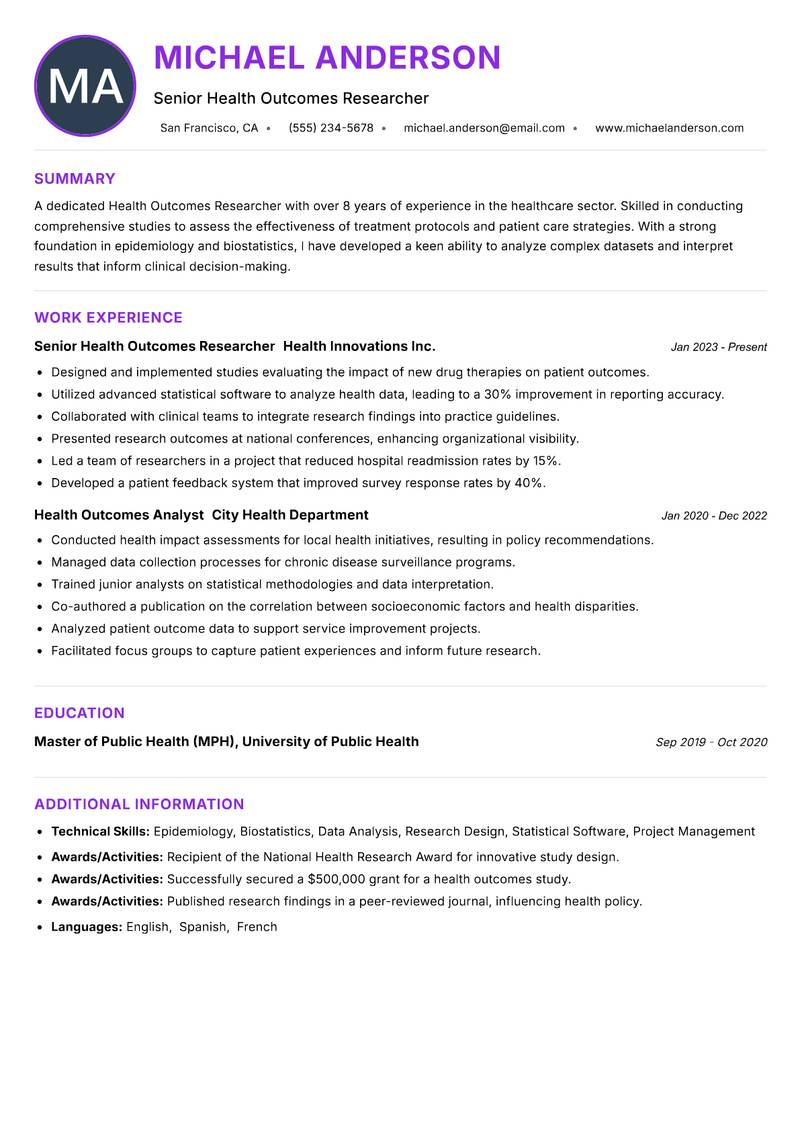 Health Outcomes Researcher Resume Preview Example