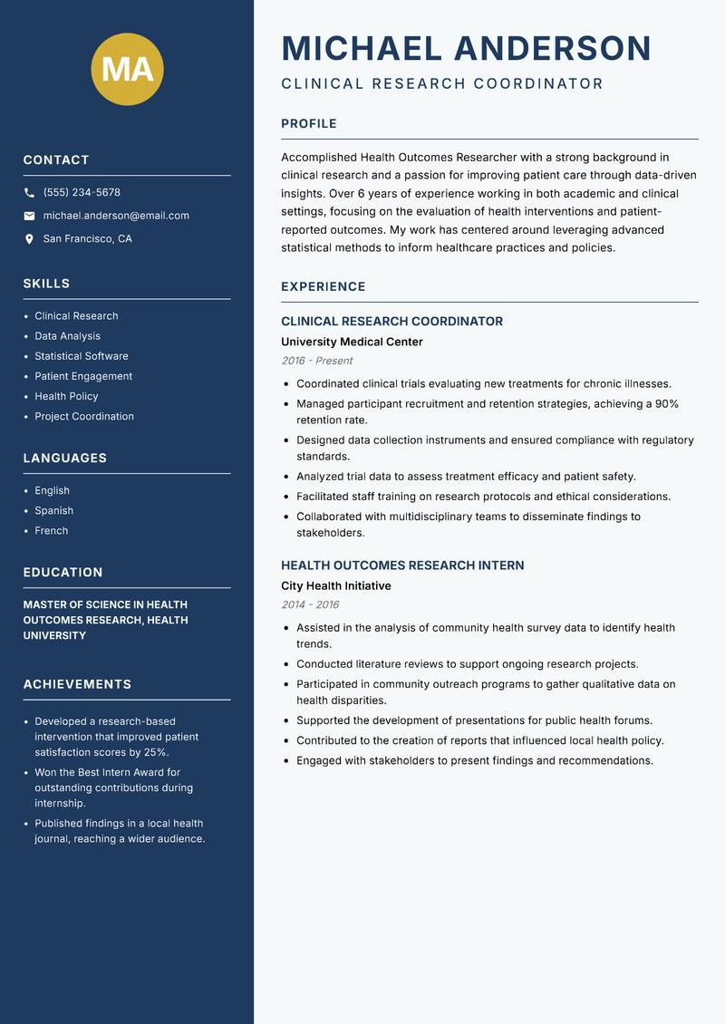 Health Outcomes Researcher Resume Preview Example