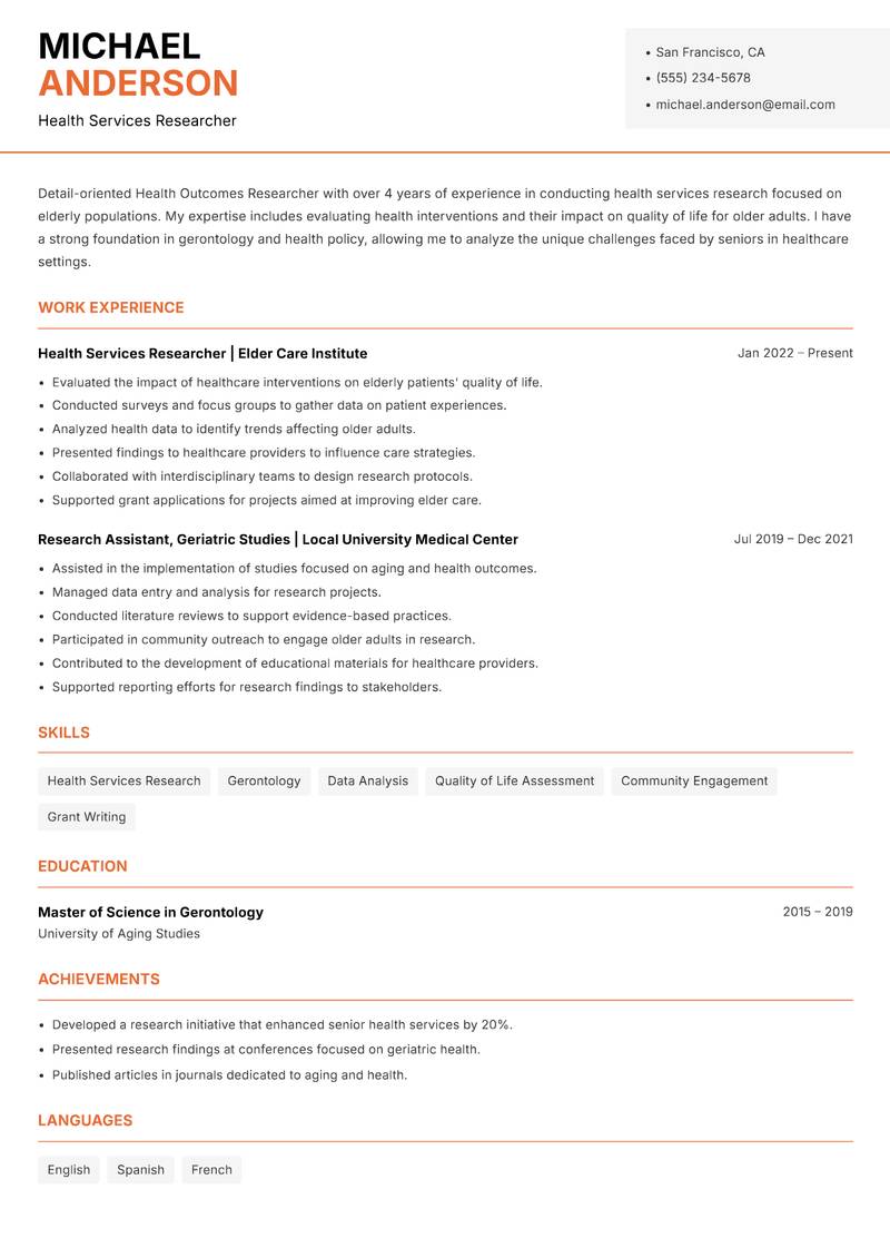 Health Outcomes Researcher Resume Template