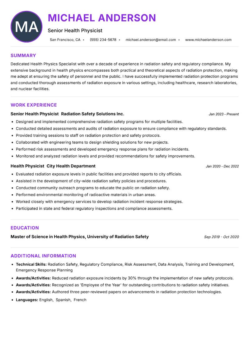 Health Physics Specialist Resume Preview Example