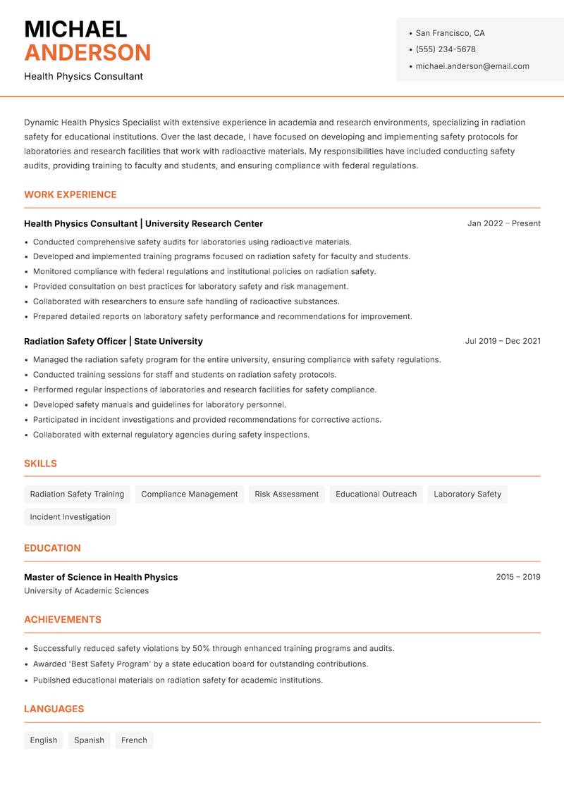 Health Physics Specialist Resume Template