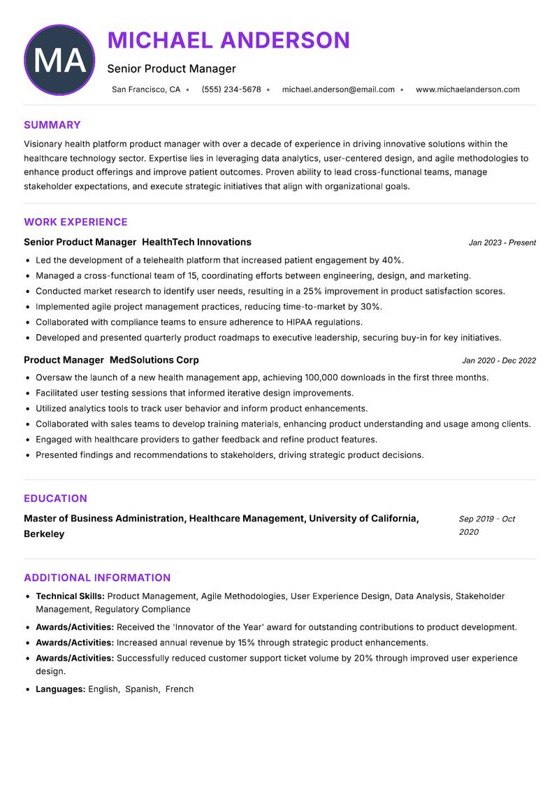 Health Platform Product Manager Resume Preview Example