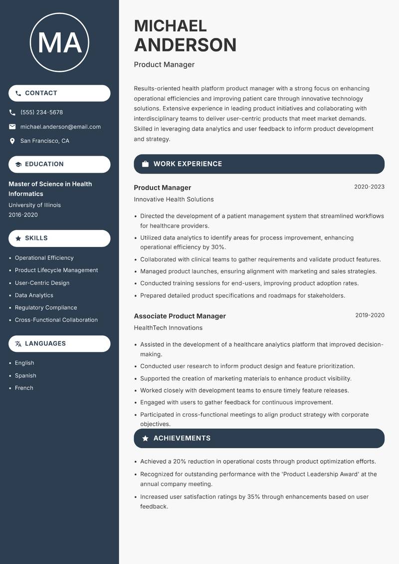 Health Platform Product Manager Resume Preview Example