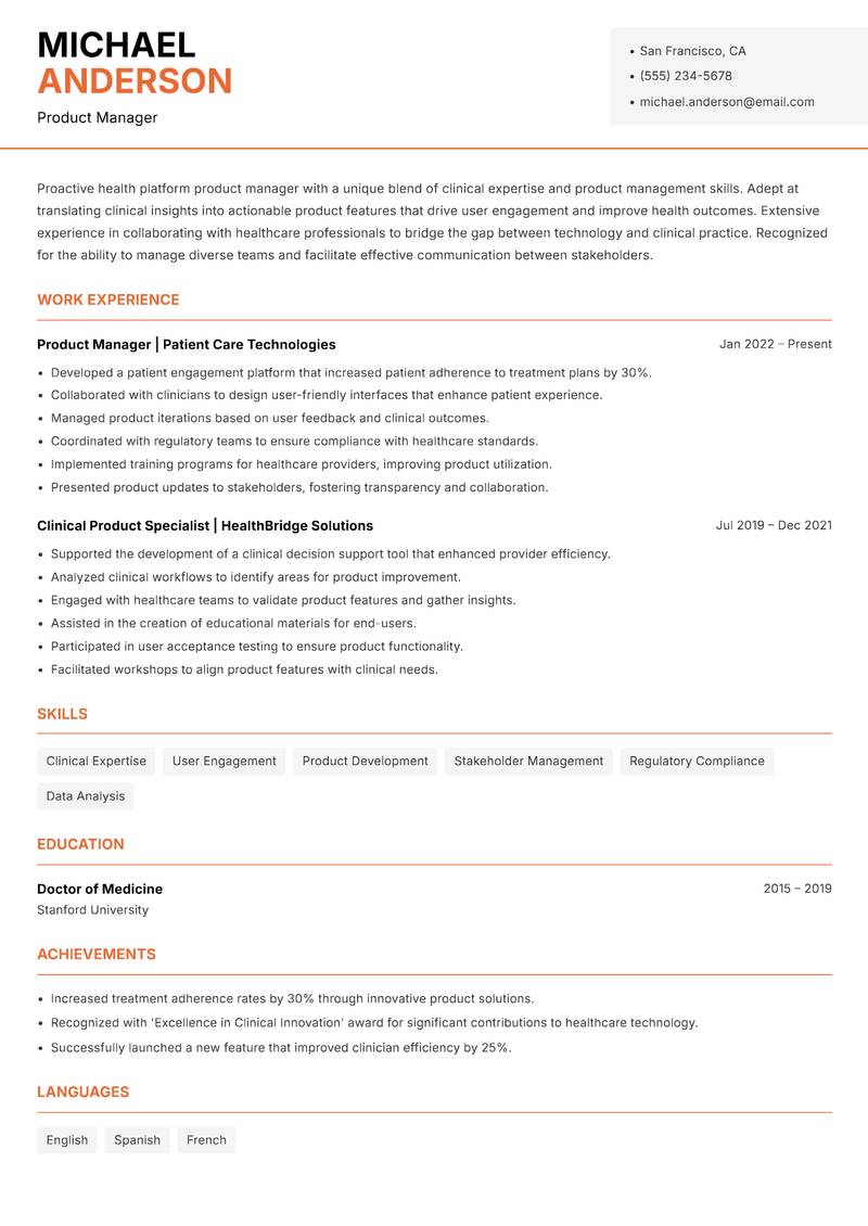 Health Platform Product Manager Resume Template