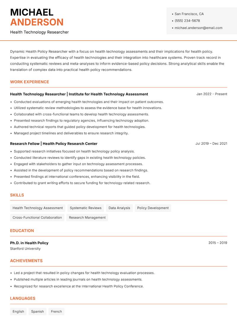 Health Policy Researcher Resume Template