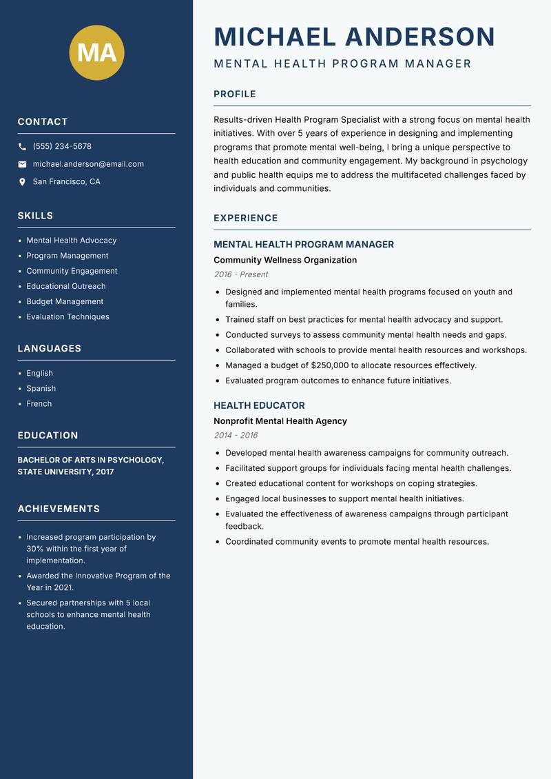 Health Program Specialist Resume Preview Example
