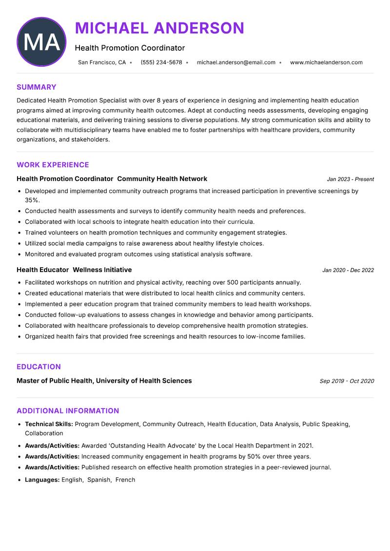 Health Promotion Specialist Resume Preview Example