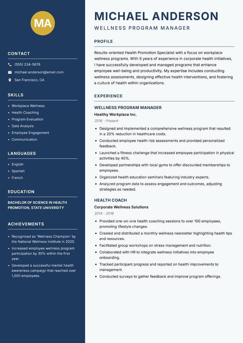Health Promotion Specialist Resume Preview Example