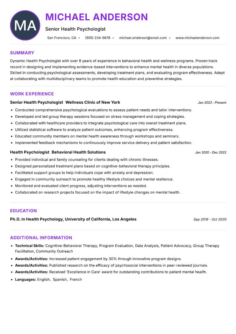 Health Psychologist Resume Preview Example