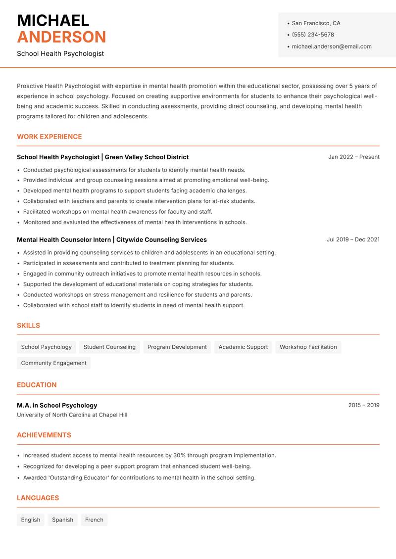 Health Psychologist Resume Template