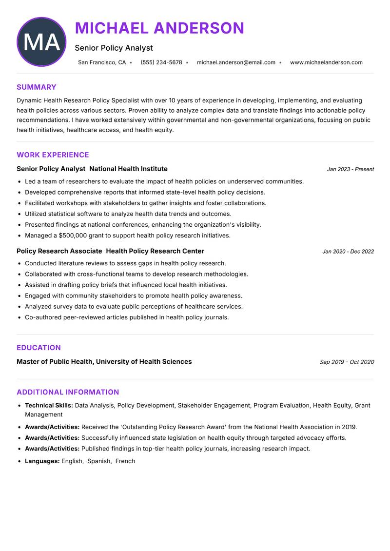 Health Research Policy Specialist Resume Preview Example
