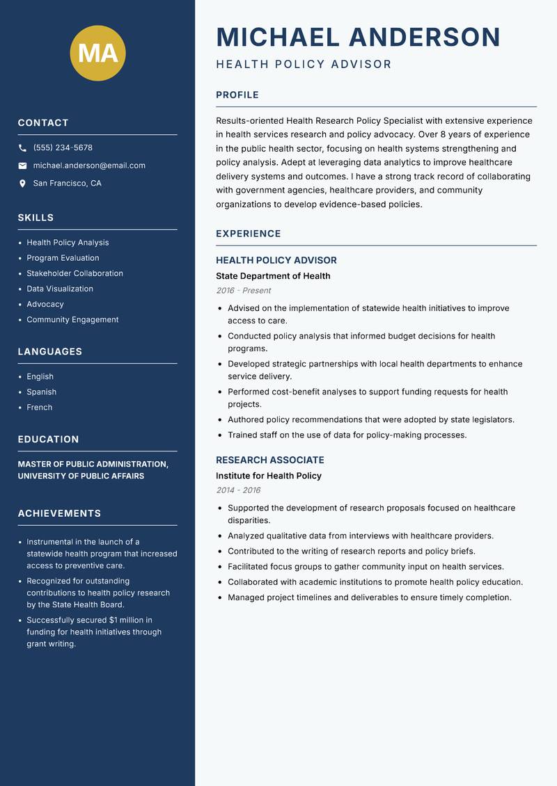 Health Research Policy Specialist Resume Preview Example