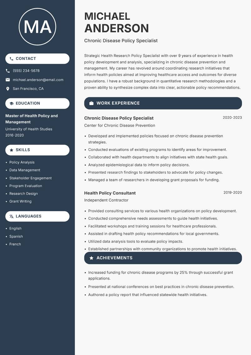 Health Research Policy Specialist Resume Preview Example