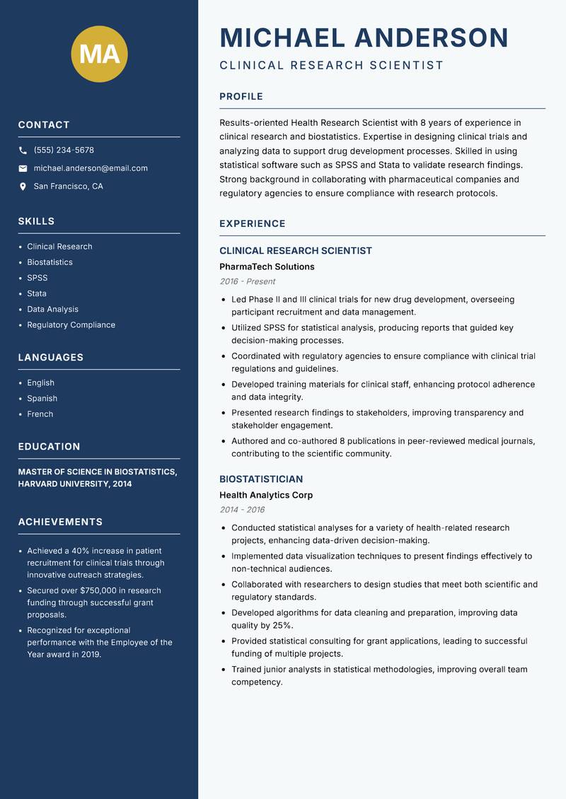Health Research Scientist Resume Preview Example