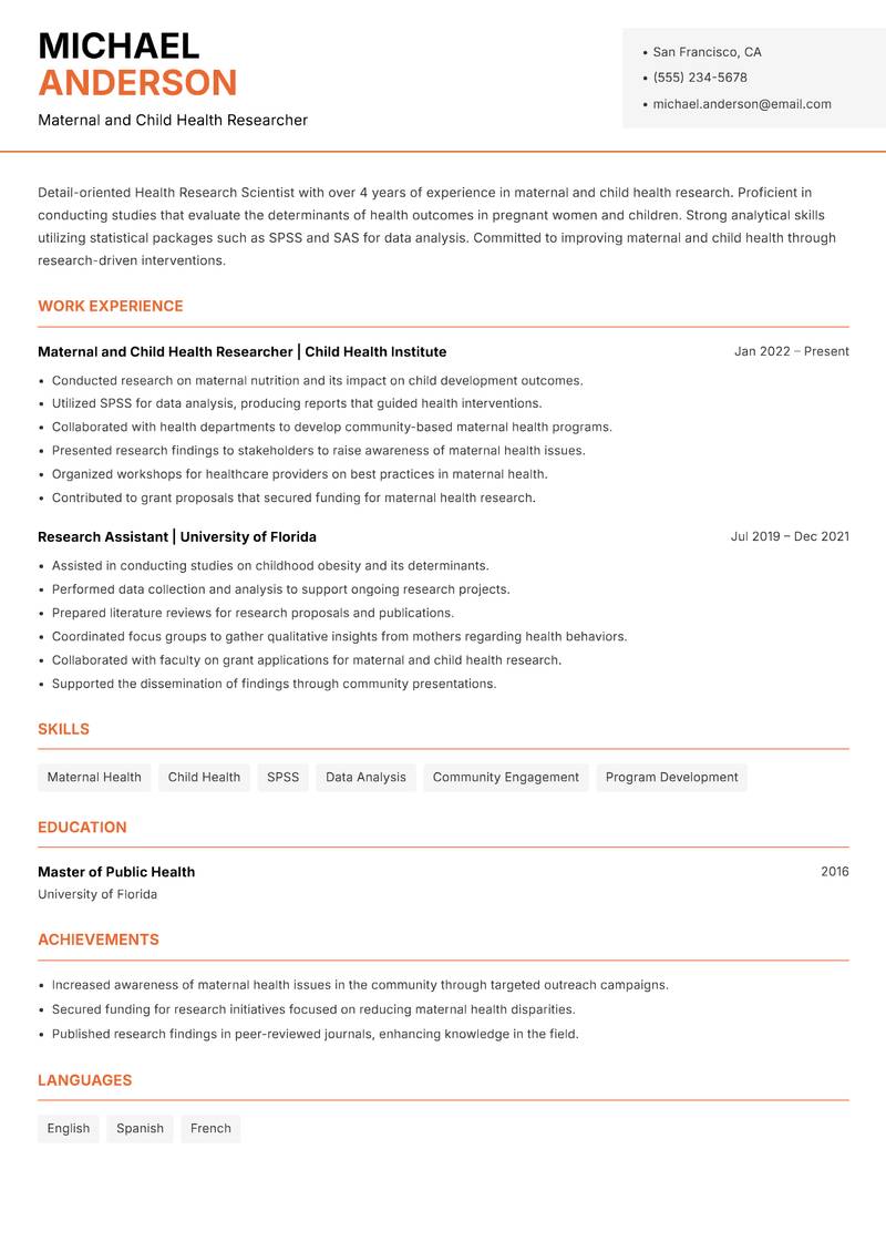 Health Research Scientist Resume Template