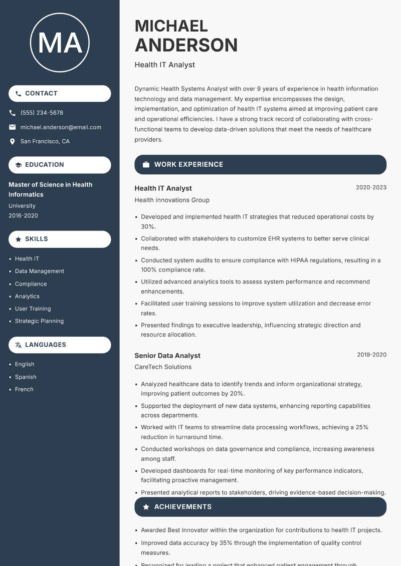 Health Systems Analyst Resume Preview Example