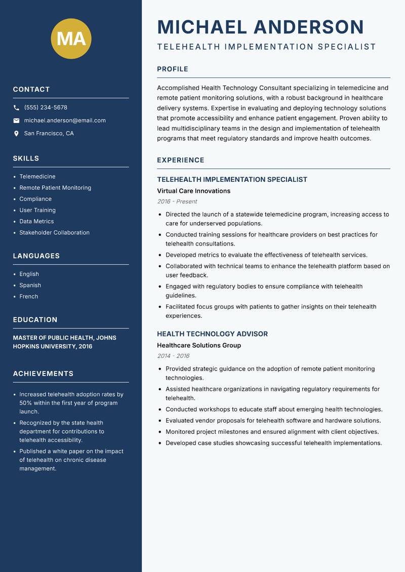 Health Technology Consultant Resume Preview Example