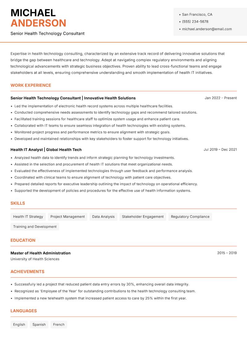 Health Technology Consultant Resume Template