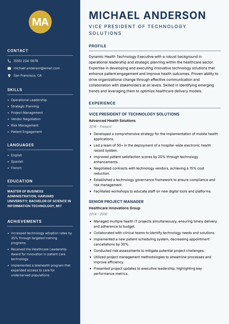 Health Technology Executive Resume Preview Example