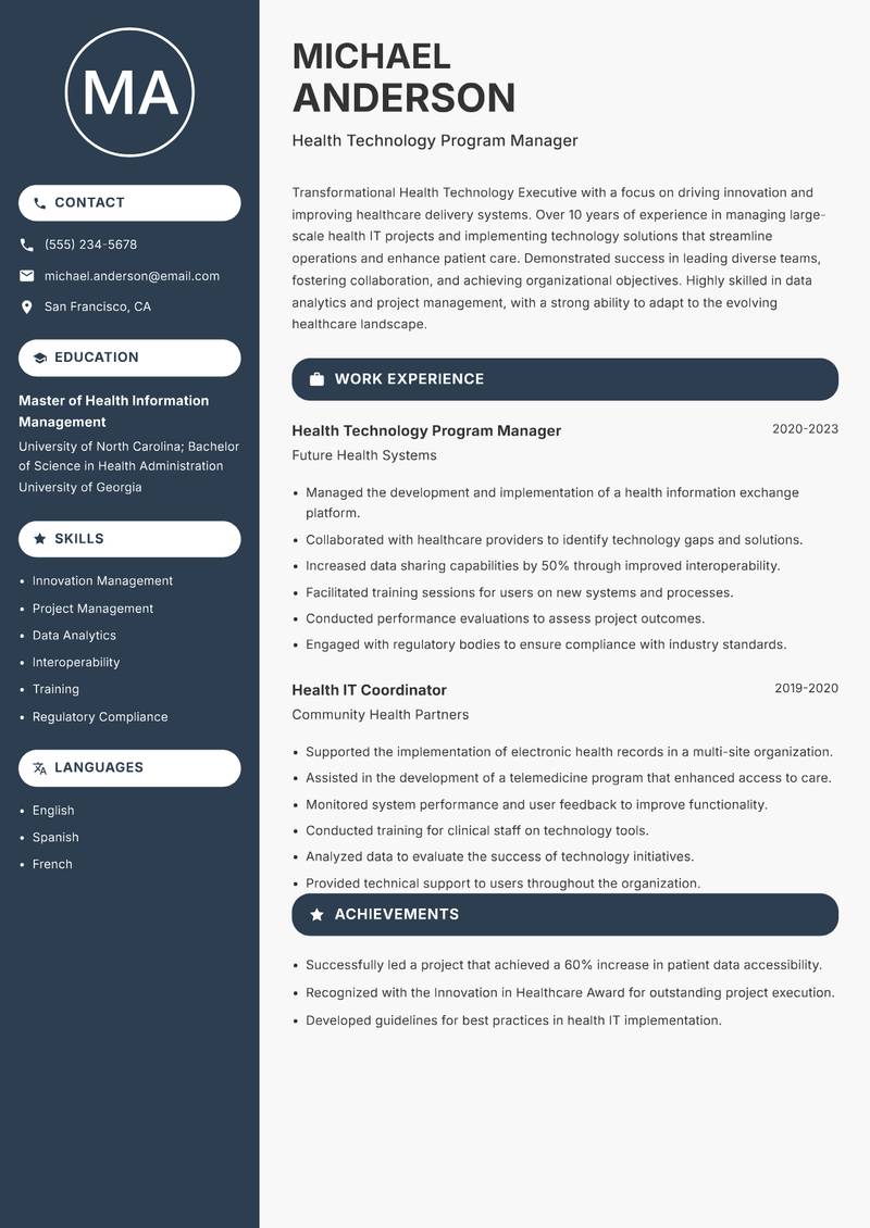 Health Technology Executive Resume Preview Example