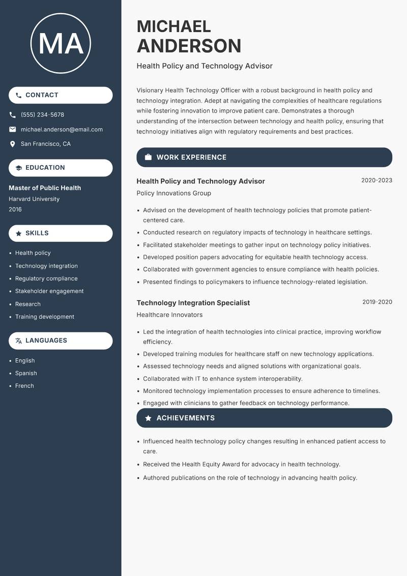 Health Technology Officer Resume Preview Example