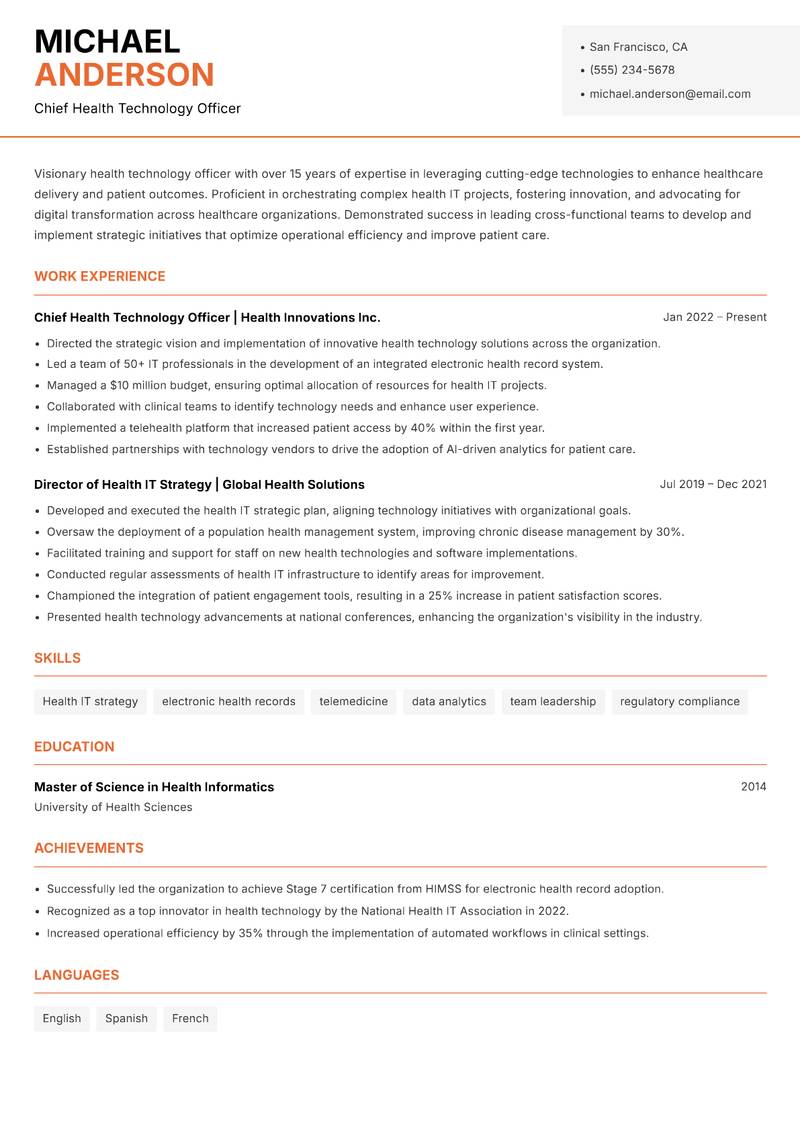 Health Technology Officer Resume Template