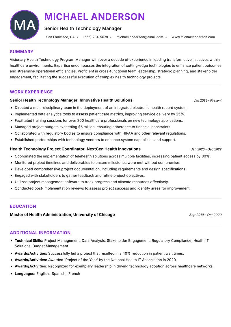 Health Technology Program Manager Resume Preview Example