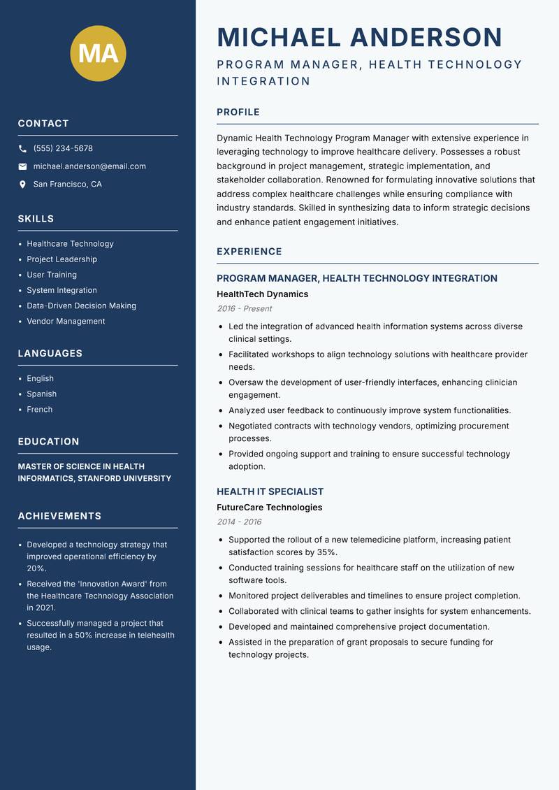 Health Technology Program Manager Resume Preview Example