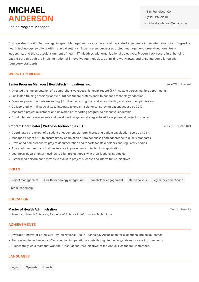 Health Technology Program Manager Resume Template