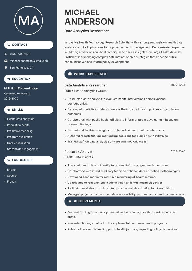 Health Technology Research Scientist Resume Preview Example
