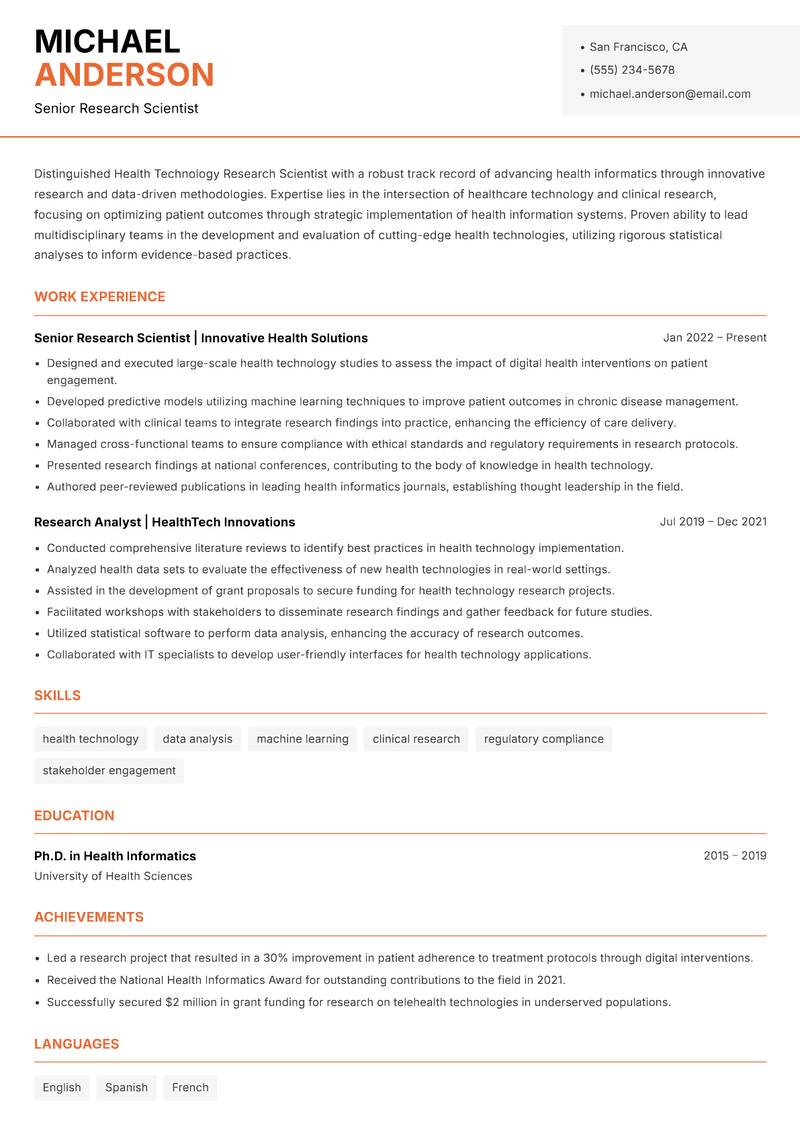 Health Technology Research Scientist Resume Template