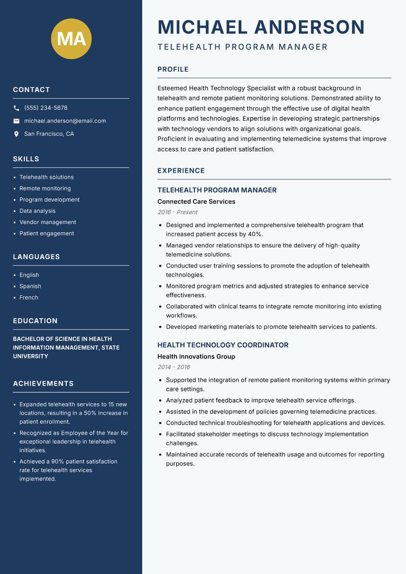 Health Technology Specialist Resume Preview Example