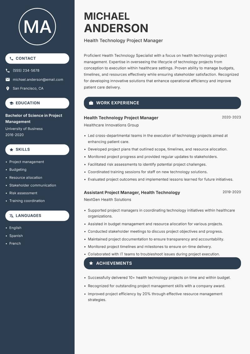Health Technology Specialist Resume Preview Example