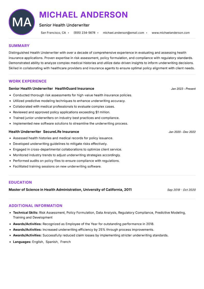 Health Underwriter Resume Preview Example