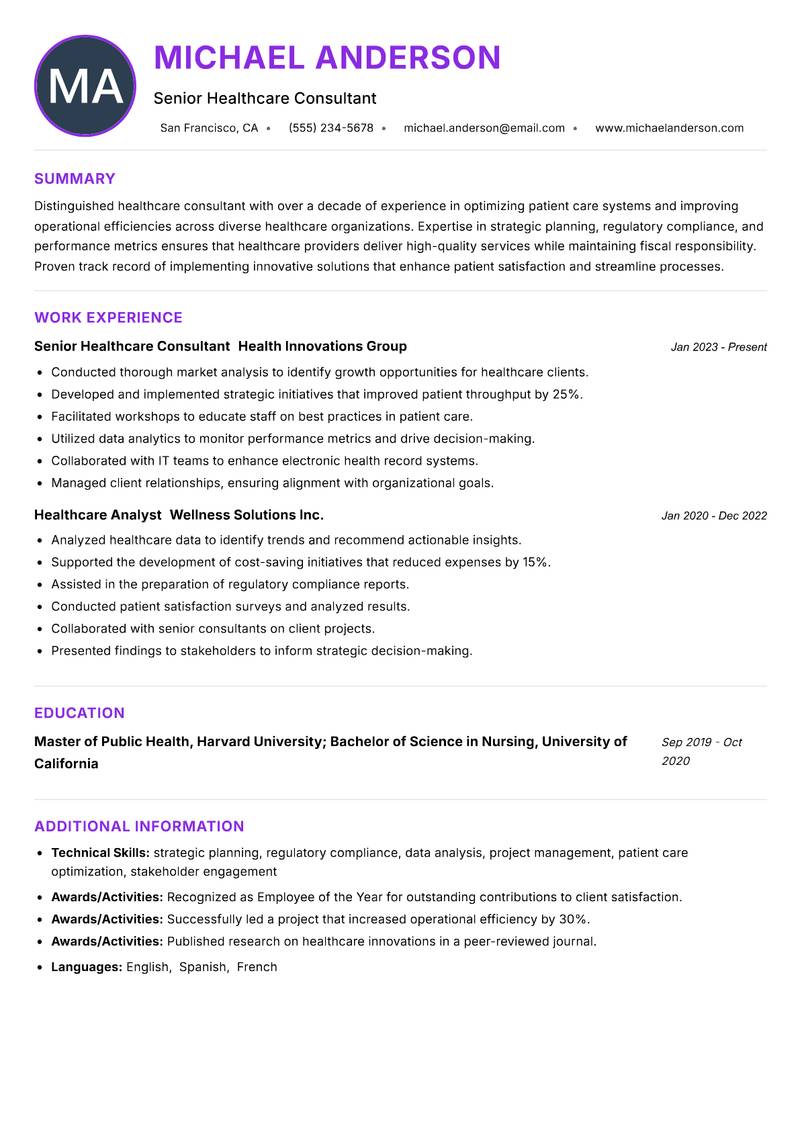 Healthcare Consultant Resume Preview Example