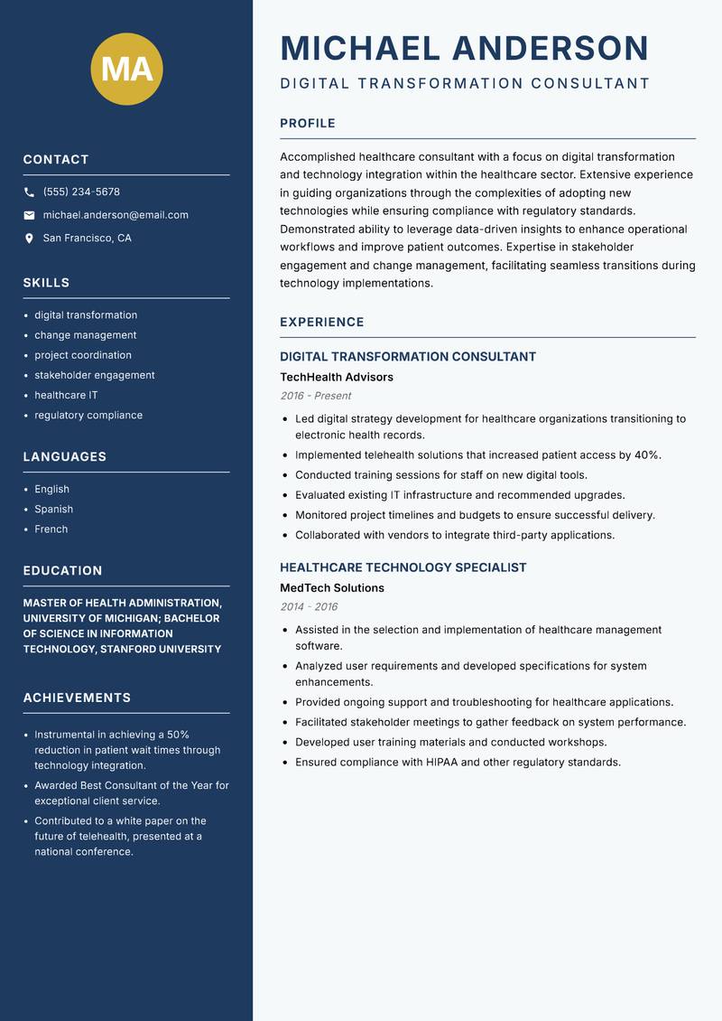 Healthcare Consultant Resume Preview Example