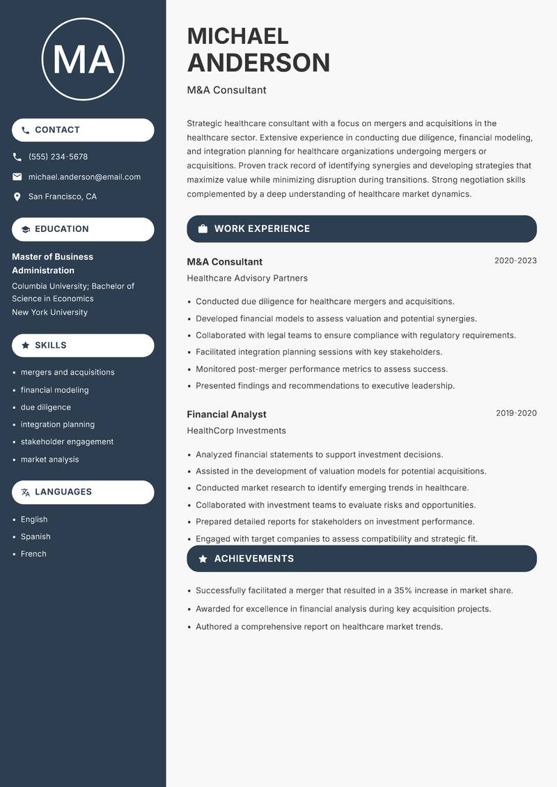 Healthcare Consultant Resume Preview Example