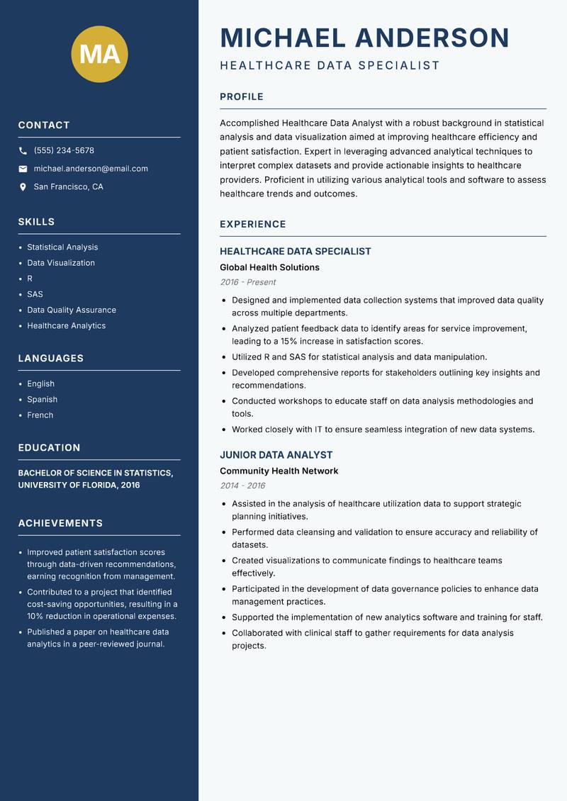 Healthcare Data Analyst Resume Preview Example