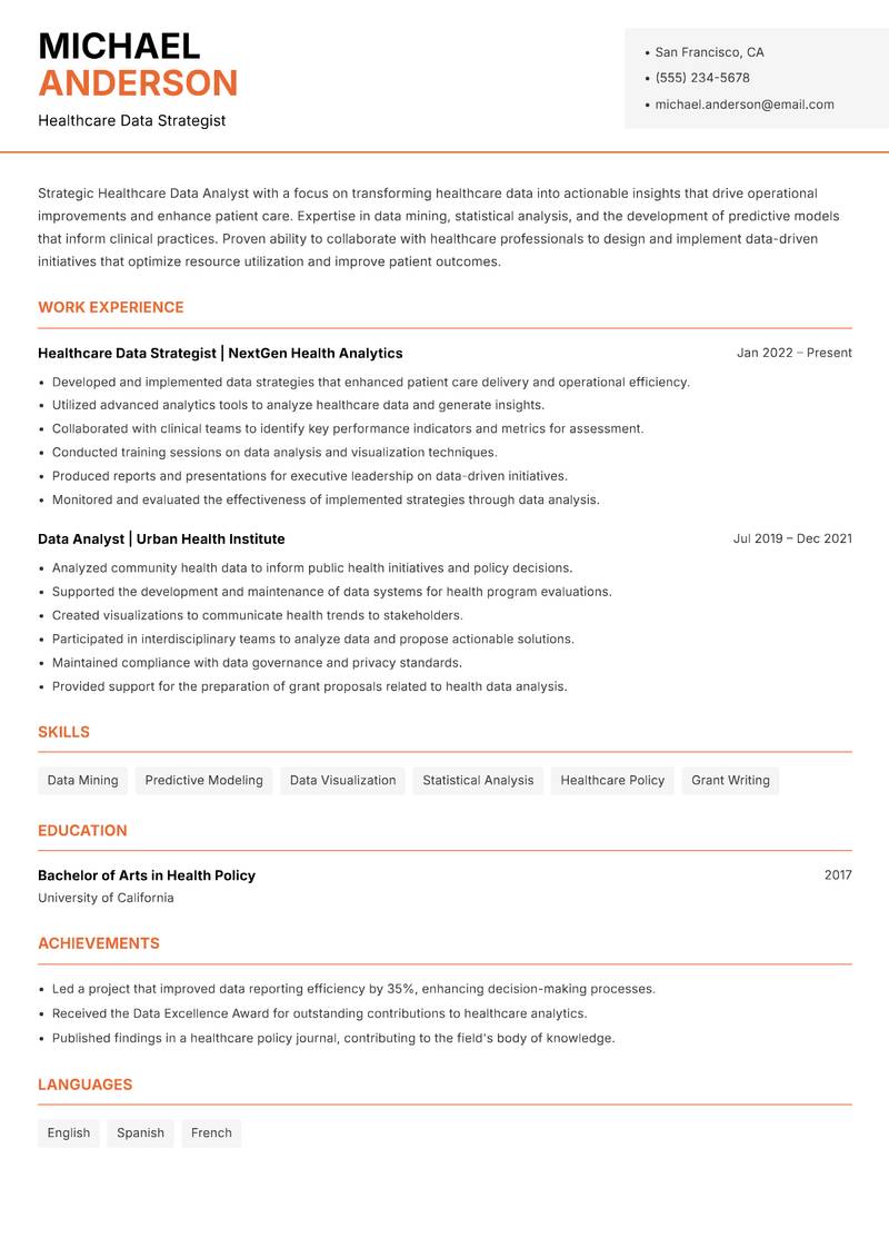 Healthcare Data Analyst Resume Template