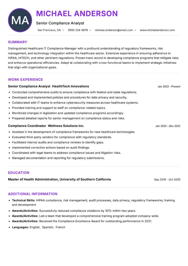 Healthcare IT Compliance Manager Resume Preview Example