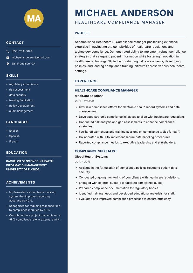 Healthcare IT Compliance Manager Resume Preview Example