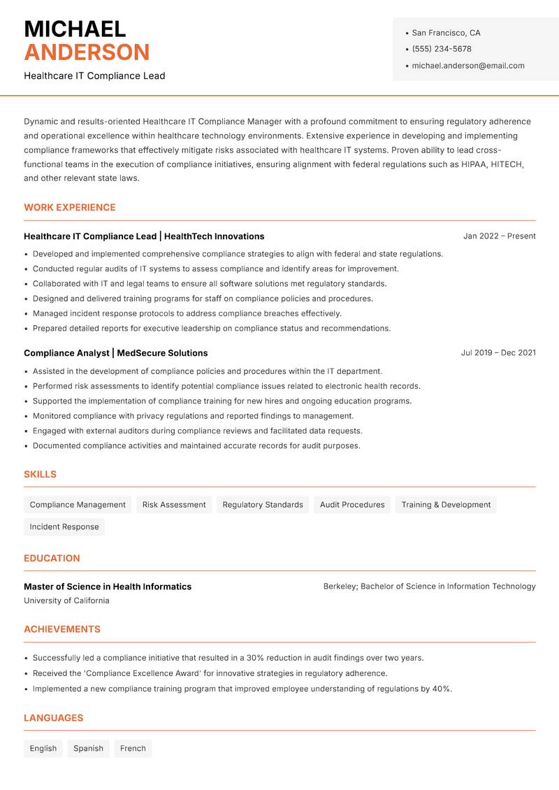 Healthcare IT Compliance Manager Resume Template