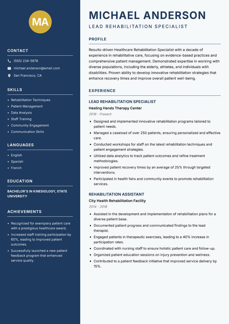Healthcare Rehabilitation Specialist Resume Preview Example